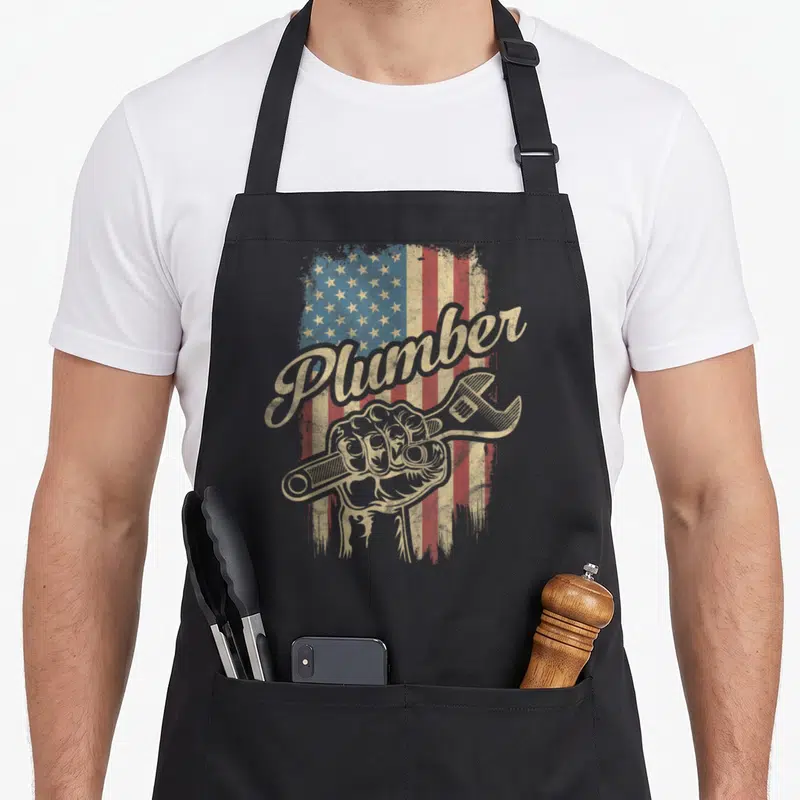 Pipe american flag apron - Distressed US flag background with tan fist holding wrench and script Plumber text — shown on a black cotton canvas apron against a white background