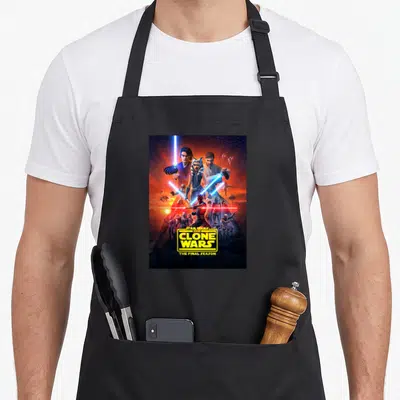 Season final apron - Star Wars Clone Wars Final Season character montage with lightsabers and ships in blue orange — shown on a black cotton canvas apron against a white background
