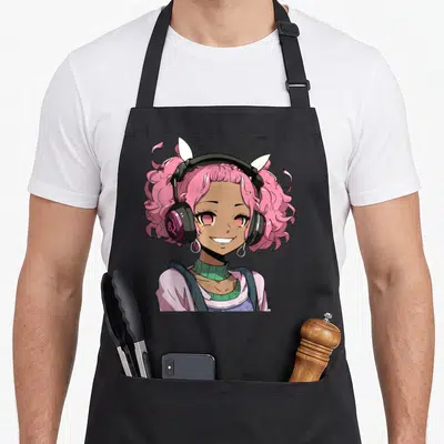 Anime african american aprons - Cartoon girl with pink hair, cat ears, green turtleneck, and headphones displaying 82 — shown on a black cotton canvas apron against a white background