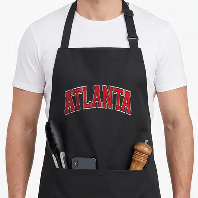 Atlanta falcons arched apron - Red and white arched text reading ATLANTA on a black background — shown on a black cotton canvas apron against a white background