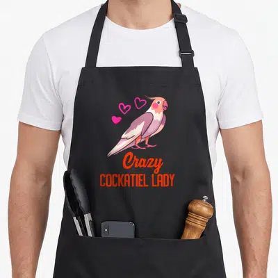 Cockatiel owner bird apron - Cartoon cockatiel with three pink hearts and stacked orange text reading Crazy COCKATIEL — shown on a black cotton canvas apron against a white background