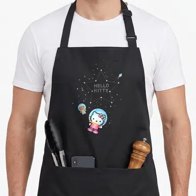 Star constellation apron - Hello Kitty and bear in space suits under star constellation with rocket and text — shown on a black cotton canvas apron against a white background