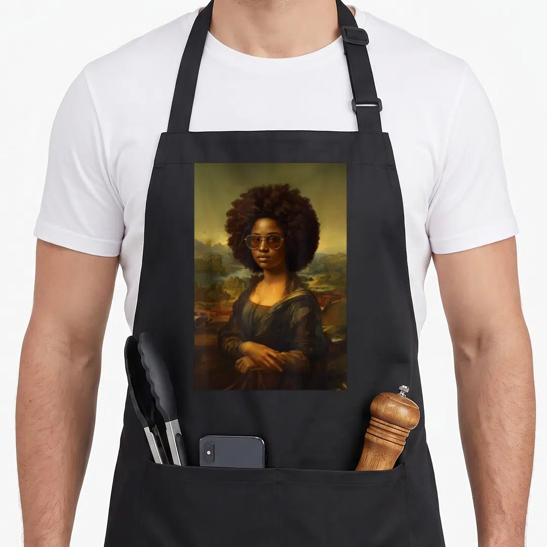 Lisa african american aprons - Realistic portrait of a woman with an afro and glasses in brown blue green gold tones — shown on a black cotton canvas apron against a white background