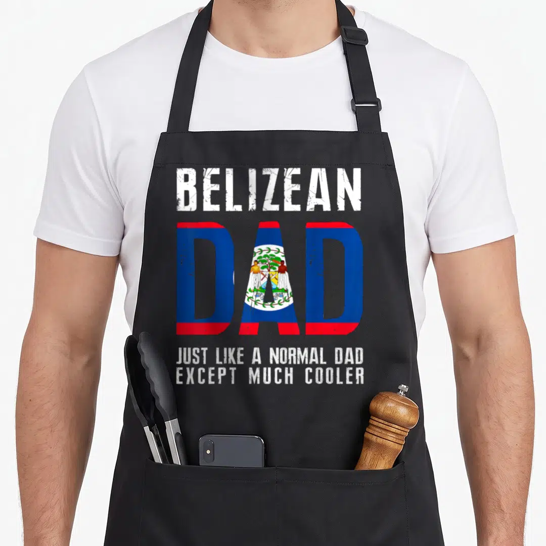 Normal belizean apron - Stacked text with DAD filled in blue red flag pattern and distressed white lettering — shown on a black cotton canvas apron against a white background