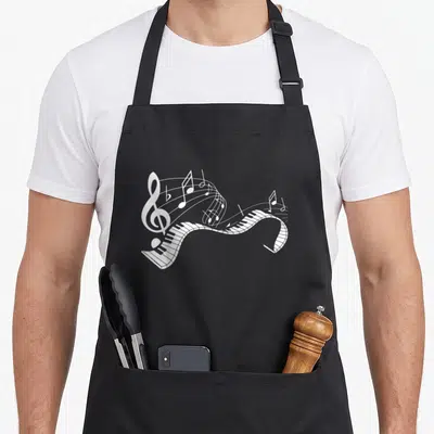 Note keyboard piano apron - White wavy piano keyboard with treble clef and musical notes in line art style — shown on a black cotton canvas apron against a white background