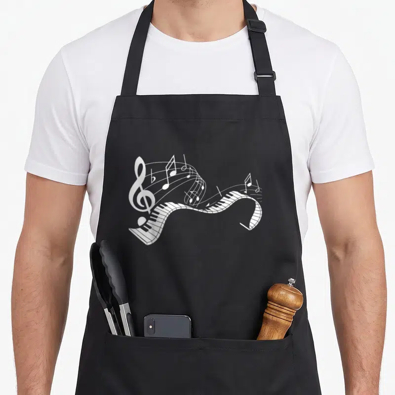 Note keyboard piano apron - White wavy piano keyboard with treble clef and musical notes in line art style — shown on a black cotton canvas apron against a white background
