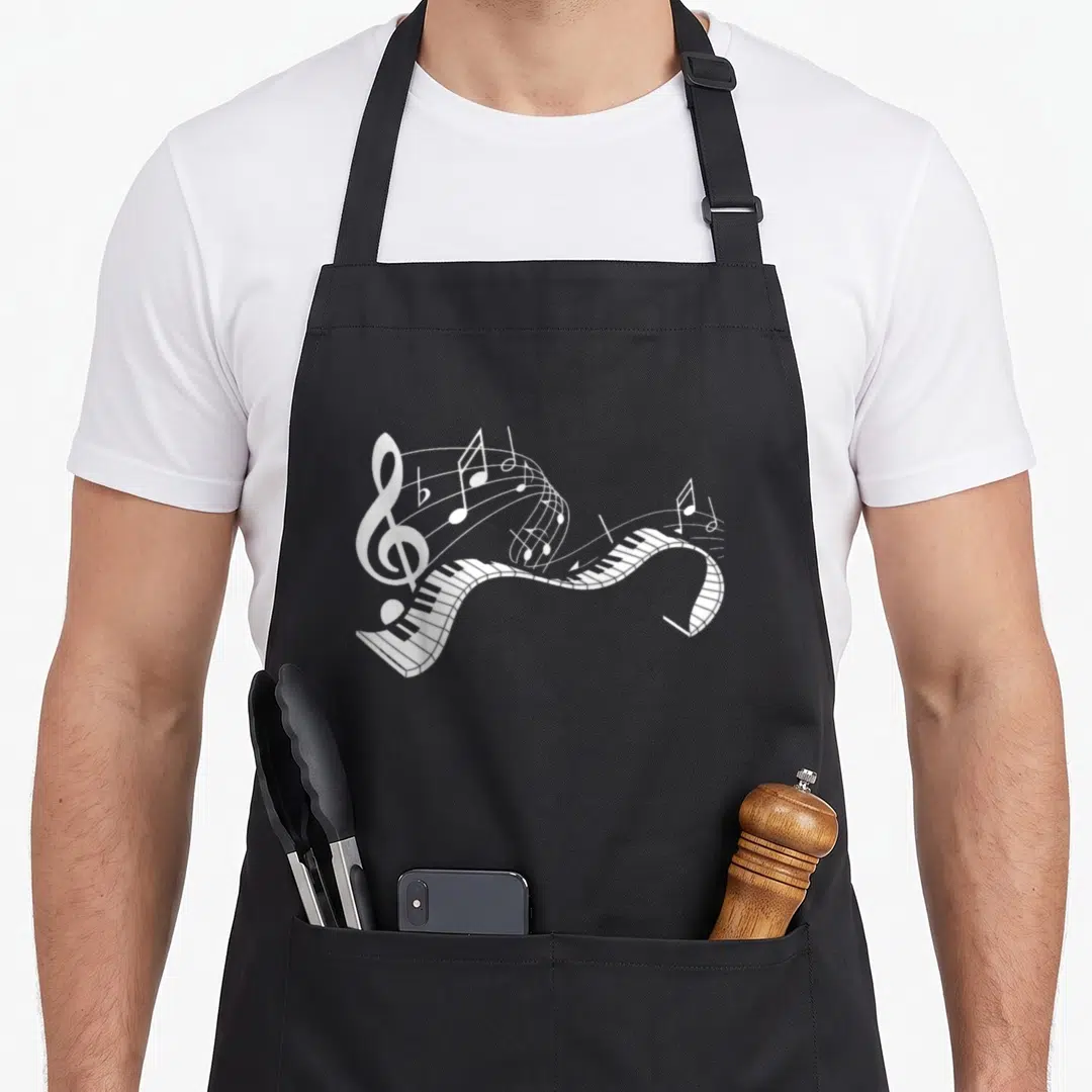 Note keyboard piano apron - White wavy piano keyboard with treble clef and musical notes in line art style — shown on a black cotton canvas apron against a white background