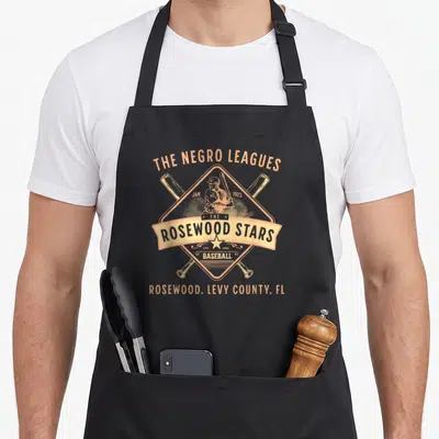 Negro baseball apron - Tan retro graphic of baseball player inside diamond frame with crossed bats and text reading — shown on a black cotton canvas apron against a white background