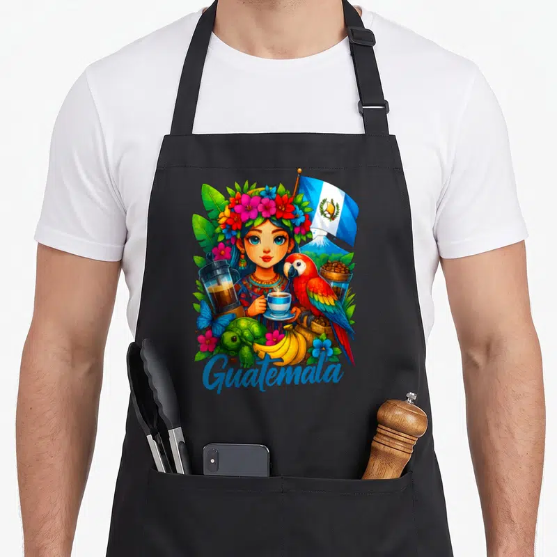 Siesta guatemalan aprons - Cartoon woman with flowers, parrot, coffee, flag, and curved Guatemala text — shown on a black cotton canvas apron against a white background