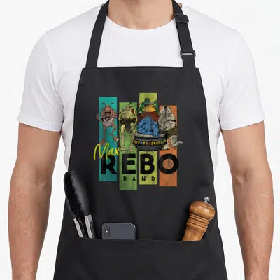 Alien concert apron - Four aliens on teal green orange stripes with Max REBO BAND text — shown on a black cotton canvas apron against a white background