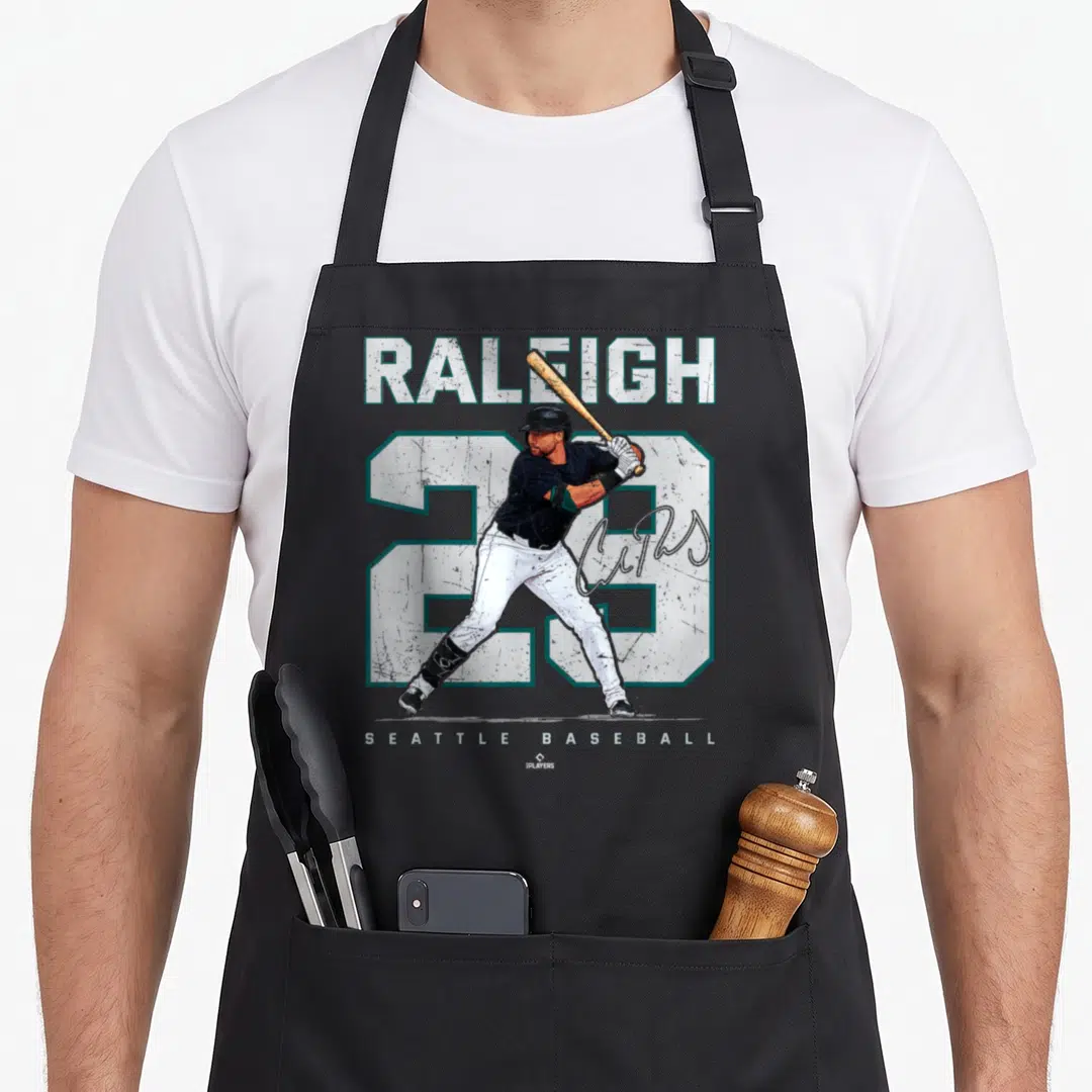 Cal baseball apron - Baseball player swing with RALEIGH 23 SEATTLE BASEBALL text in teal white black — shown on a black cotton canvas apron against a white background