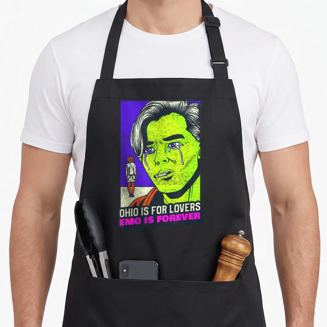 Rock emo apron - Lime green crying man with cigarette and stacked text OHIO IS FOR LOVERS EMO IS FOREVER — shown on a black cotton canvas apron against a white background
