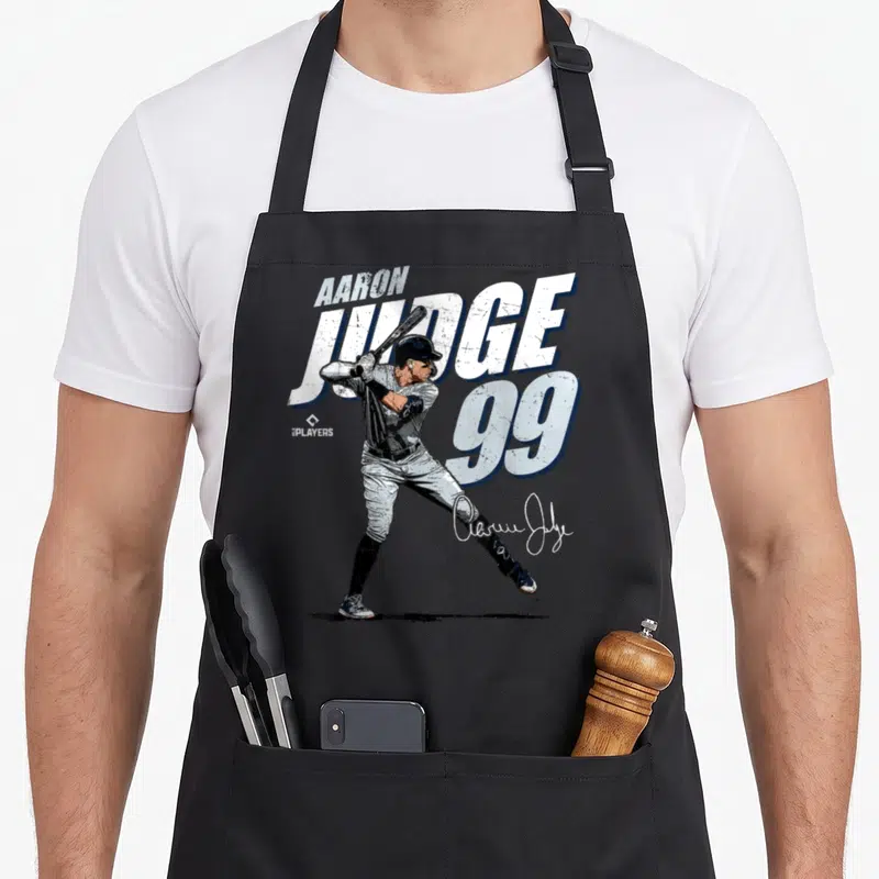 Aaron new york apron - Baseball player AARON JUDGE 99 with signature in white grey black — shown on a black cotton canvas apron against a white background