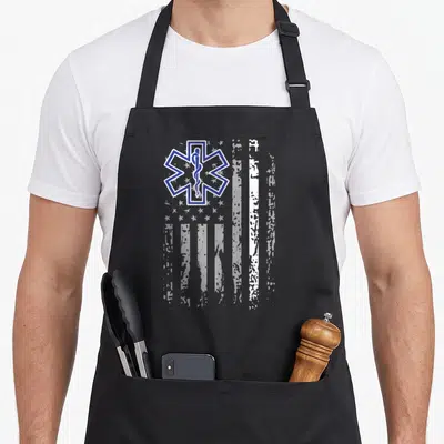 Ems american flag apron - Blue Star of Life symbol over distressed white vertical flag stripes — shown on a black cotton canvas apron against a white background