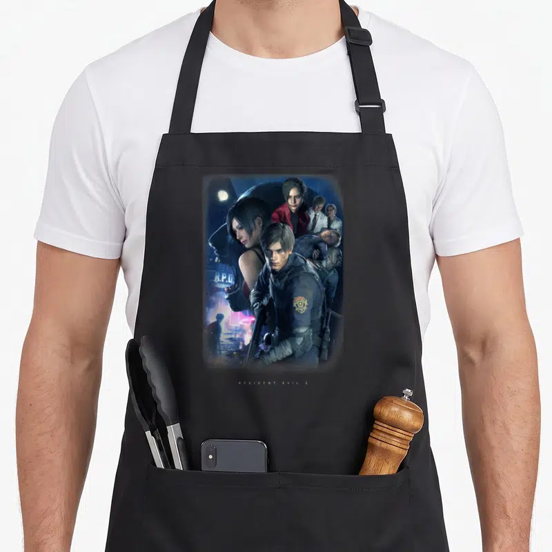 Funny resident apron - Photo montage of Leon S. Kennedy with R.P.D. sign and clock in blue grey red black — shown on a black cotton canvas apron against a white background