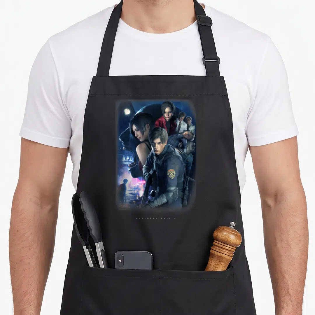 Funny resident apron - Photo montage of Leon S. Kennedy with R.P.D. sign and clock in blue grey red black — shown on a black cotton canvas apron against a white background