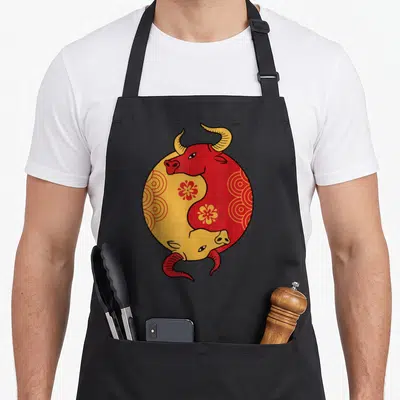 Chinese year of the ox apron - Two cartoon bull heads in yin yang circle with red yellow flowers — shown on a black cotton canvas apron against a white background