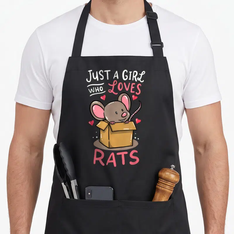 Cute rat pet apron - Cartoon brown rat in cardboard box with pink hearts and text Just A Girl Who Loves Rats — shown on a black cotton canvas apron against a white background