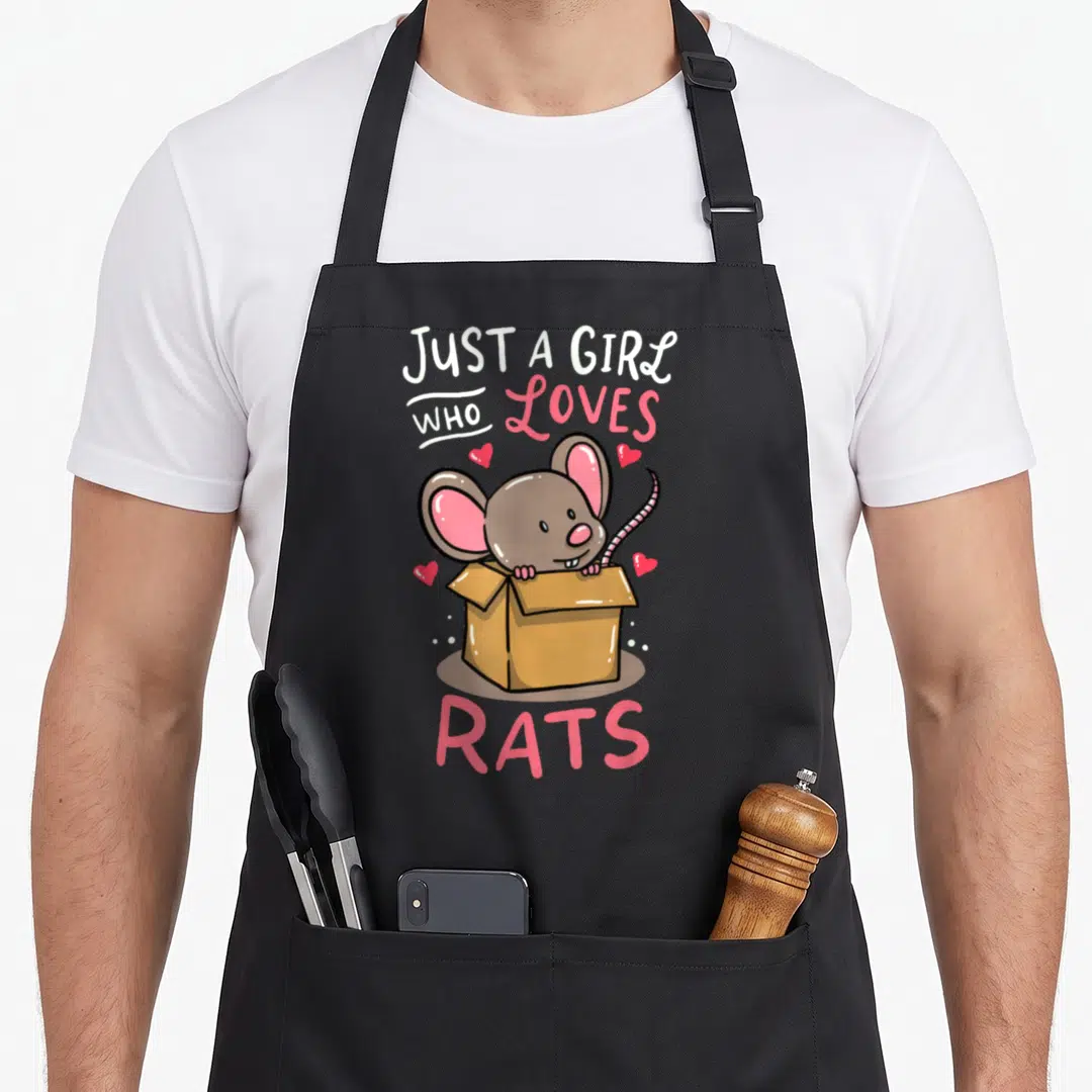 Cute rat pet apron - Cartoon brown rat in cardboard box with pink hearts and text Just A Girl Who Loves Rats — shown on a black cotton canvas apron against a white background
