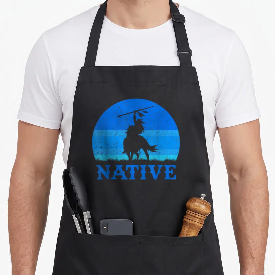 Knight native american apron - Blue silhouette of rider on horseback with spear inside striped circle above text NATIVE — shown on a black cotton canvas apron against a white background