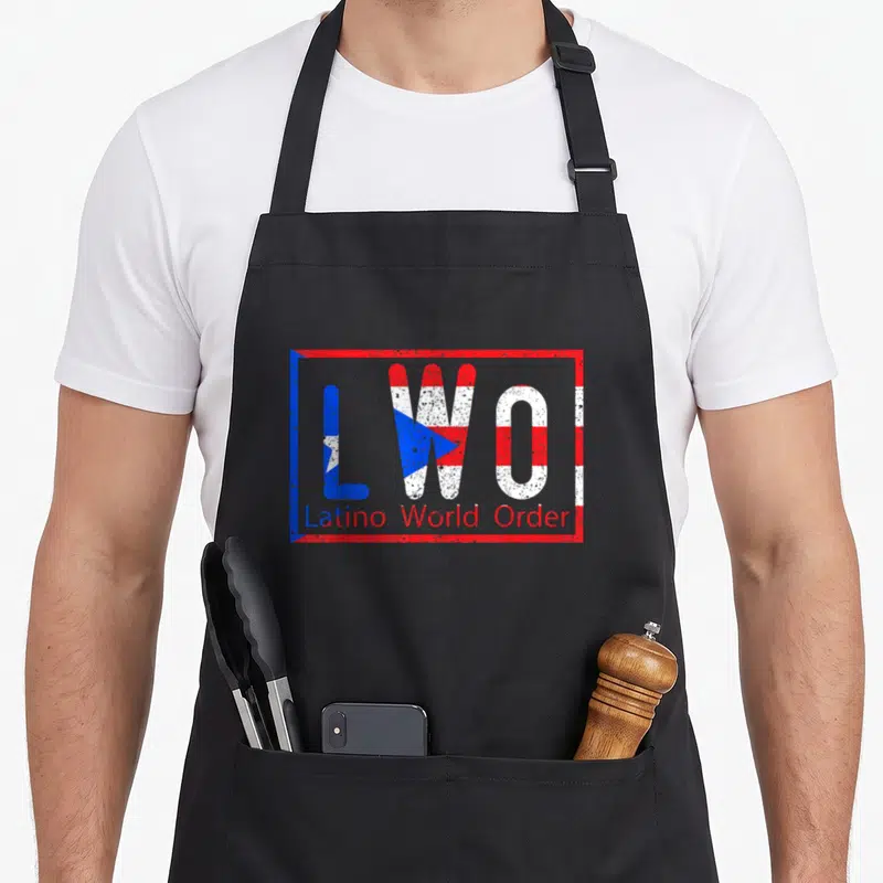 Latino puerto pride apron - LWO letters filled with blue red and white flag pattern inside distressed red rectangle — shown on a black cotton canvas apron against a white background