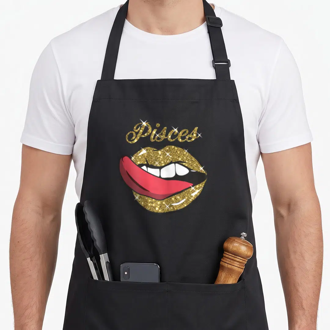 Pisce golden apron - Gold glitter lips with red tongue and white Pisces script text with sparkles — shown on a black cotton canvas apron against a white background