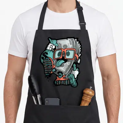 Hustle hip apron - Teal cartoon character with red glasses holding money and gun, HUSTLE HARD on shoe soles — shown on a black cotton canvas apron against a white background