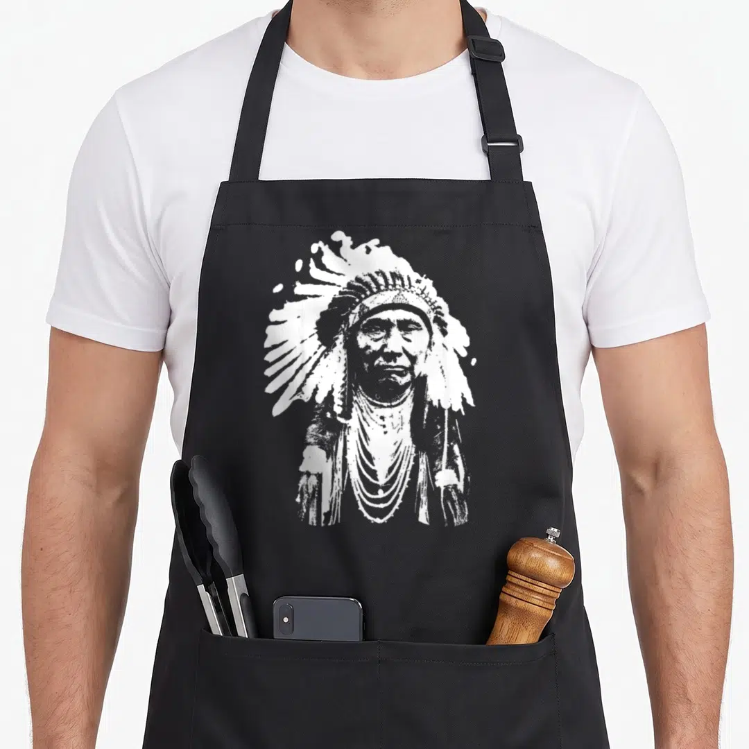 Chief native american aprons - White line-art portrait of a Native American man in a feathered headdress and necklaces — shown on a black cotton canvas apron against a white background