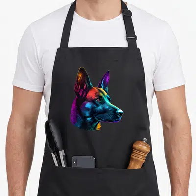 Pop belgian apron - Multicolored dog head profile in blue, purple, red, orange, and yellow pop art style — shown on a black cotton canvas apron against a white background