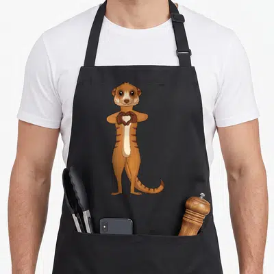 Funny meerkat lady apron - Cartoon otter in brown and tan standing and making a heart shape with its paws — shown on a black cotton canvas apron against a white background