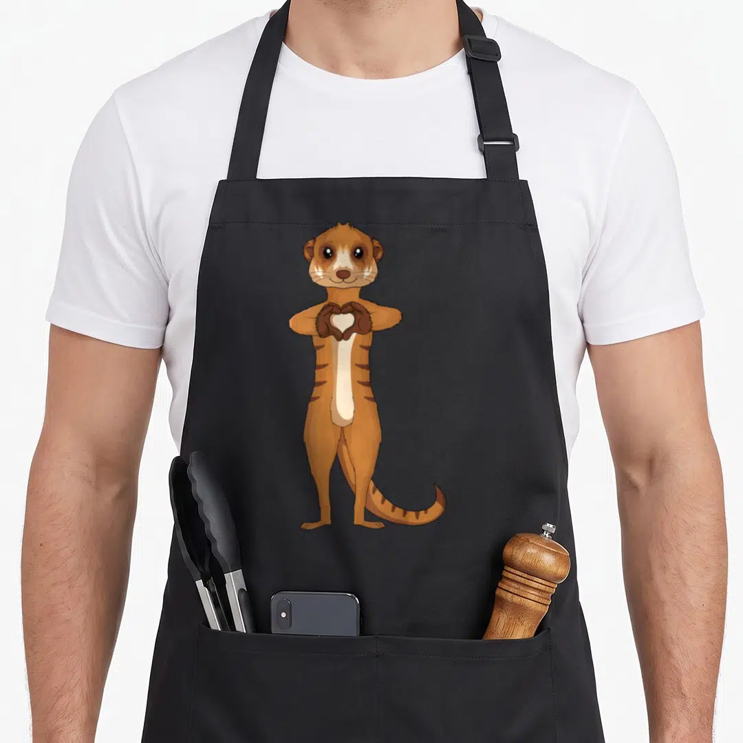 Funny meerkat lady apron - Cartoon otter in brown and tan standing and making a heart shape with its paws — shown on a black cotton canvas apron against a white background