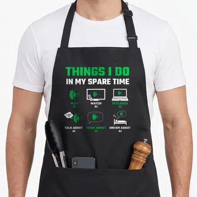 Spare ai apron - Green and white text listing AI activities like play watch research talk think dream with matching — shown on a black cotton canvas apron against a white background