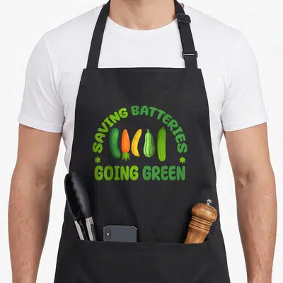 Roulette inappropriate apron - Five cartoon vegetables under SAVING BATTERIES GOING GREEN text with two small flowers — shown on a black cotton canvas apron against a white background