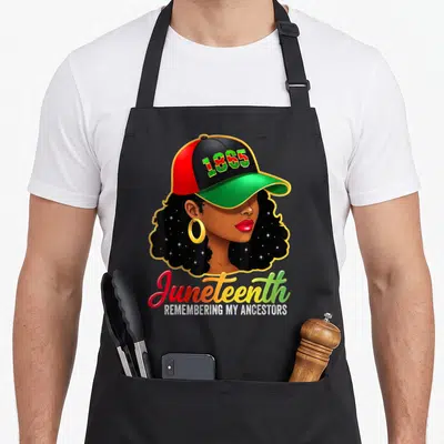 Juneteenth remembering the apron - Cartoon woman in 1865 cap with Juneteenth and Remembering My Ancestors text in red — shown on a black cotton canvas apron against a white background