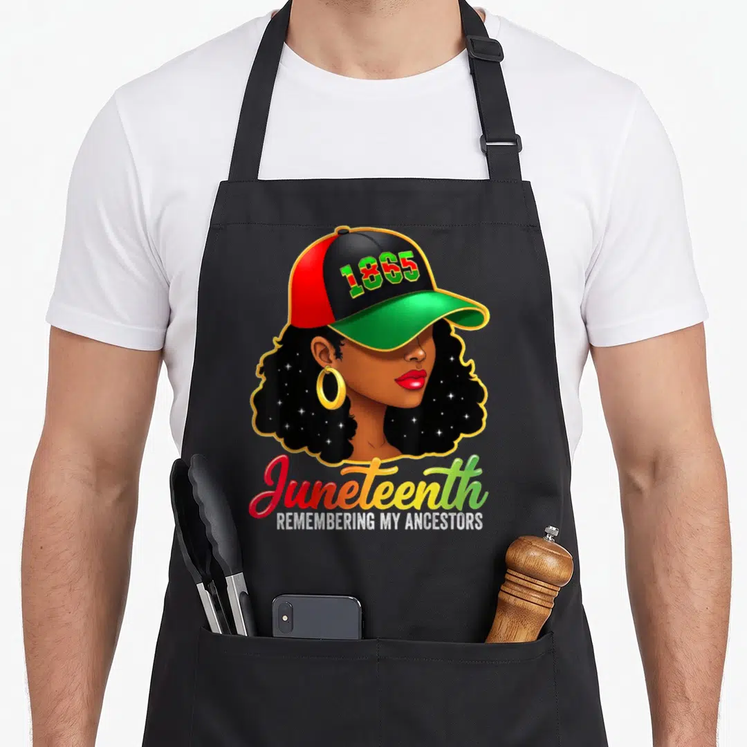 Juneteenth remembering the apron - Cartoon woman in 1865 cap with Juneteenth and Remembering My Ancestors text in red — shown on a black cotton canvas apron against a white background