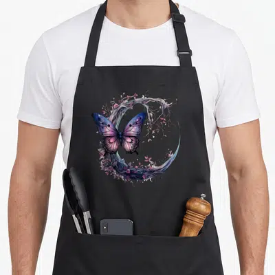 Wildlife butterfly apron - Purple blue pink watercolor butterfly centered in a circle of swirling branches and flowers — shown on a black cotton canvas apron against a white background