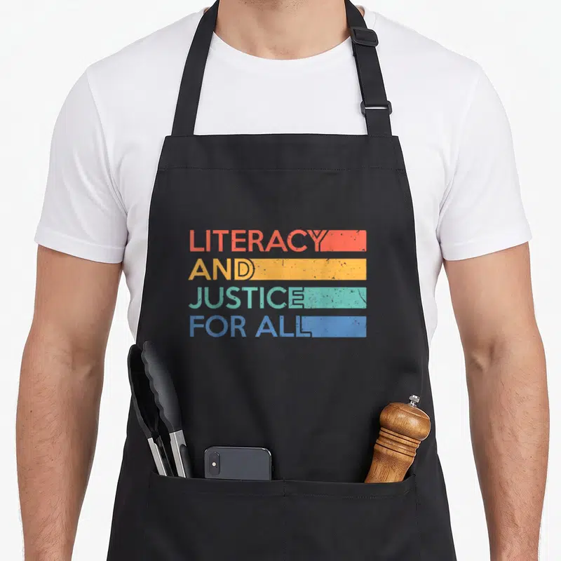 Literacy librarian apron - Stacked text LITERACY AND JUSTICE FOR ALL with red yellow green blue horizontal bars — shown on a black cotton canvas apron against a white background
