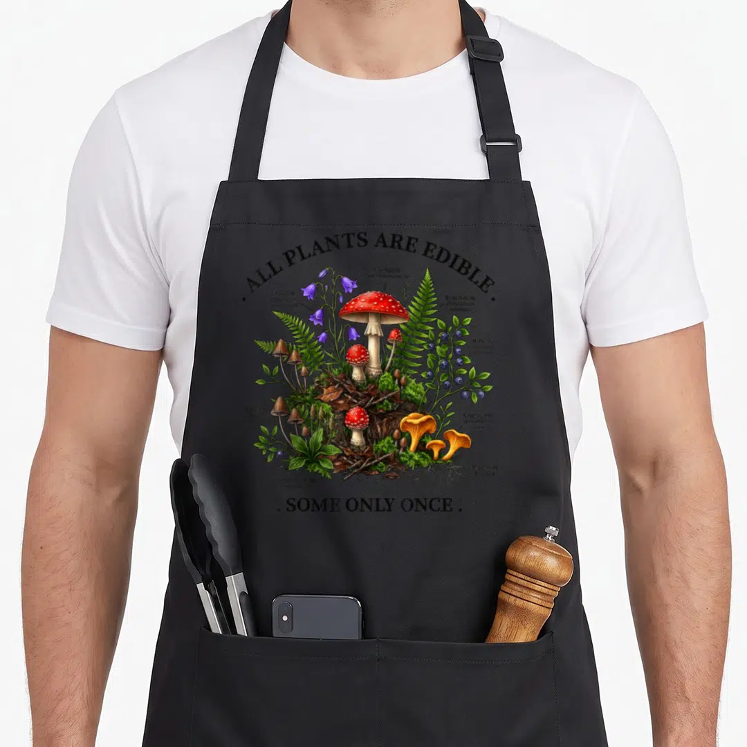 Funny edible plant apron - All Plants Are Edible text arching over red mushrooms, ferns, and blue berries — shown on a black cotton canvas apron against a white background