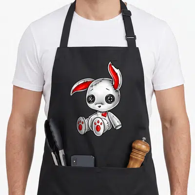Goth bunny apron - Cartoon white stuffed bunny with red ears, heart, and black button eyes — shown on a black cotton canvas apron against a white background
