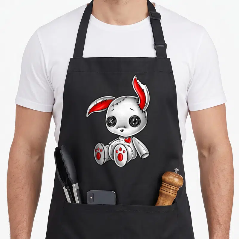 Goth bunny apron - Cartoon white stuffed bunny with red ears, heart, and black button eyes — shown on a black cotton canvas apron against a white background