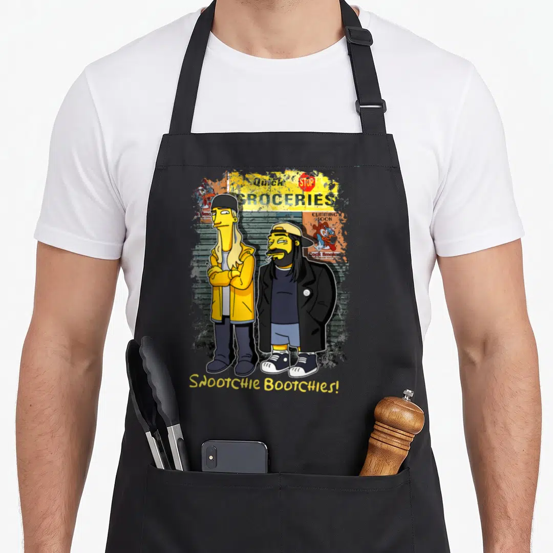 Kevin quick apron - Two cartoon figures stand before Quick Groceries sign with Snootchie Bootchies text — shown on a black cotton canvas apron against a white background