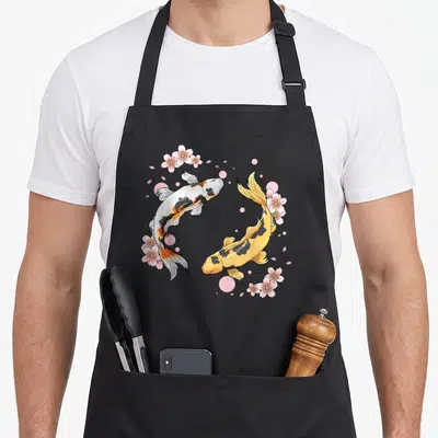 Japanese koi japan apron - Two koi fish in yin-yang circle with pink cherry blossoms — shown on a black cotton canvas apron against a white background