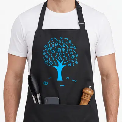 Binary science apron - Light blue tree with canopy of scattered binary zeros and ones — shown on a black cotton canvas apron against a white background