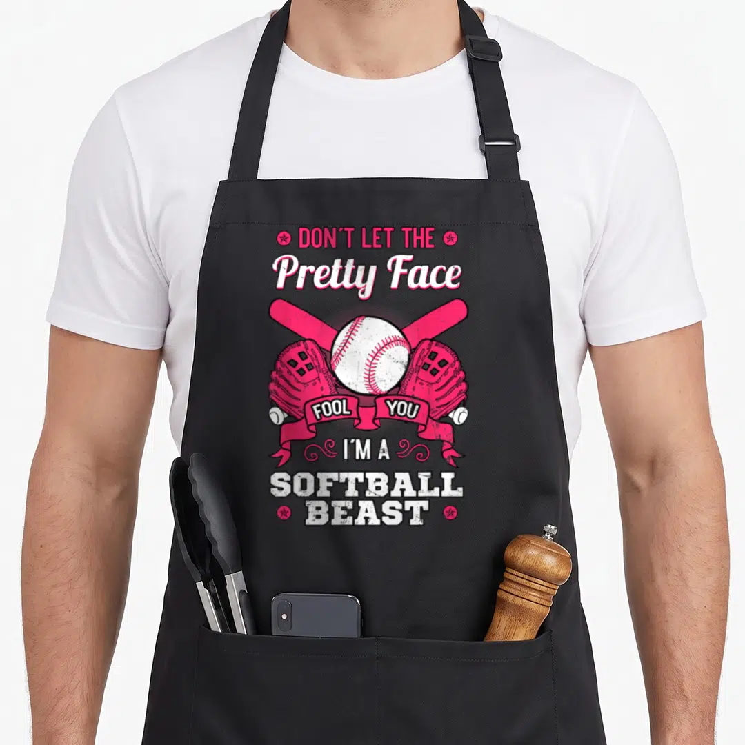 Face pretty apron - Softball bat gloves ball ribbon pink white distressed text — shown on a black cotton canvas apron against a white background