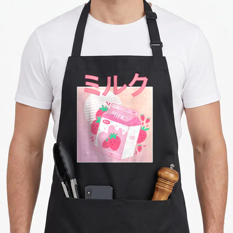 90s kawaii aprons - Pink milk carton with Katakana text, scattered strawberries, and grid background — shown on a black cotton canvas apron against a white background