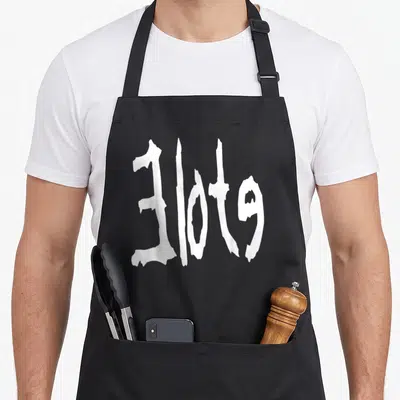 Elote distressed apron - White distressed typography reading Elote centered on dark background — shown on a black cotton canvas apron against a white background