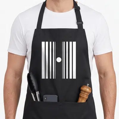 Doppler nerd apron - White barcode pattern with central circle on black background — shown on a black cotton canvas apron against a white background