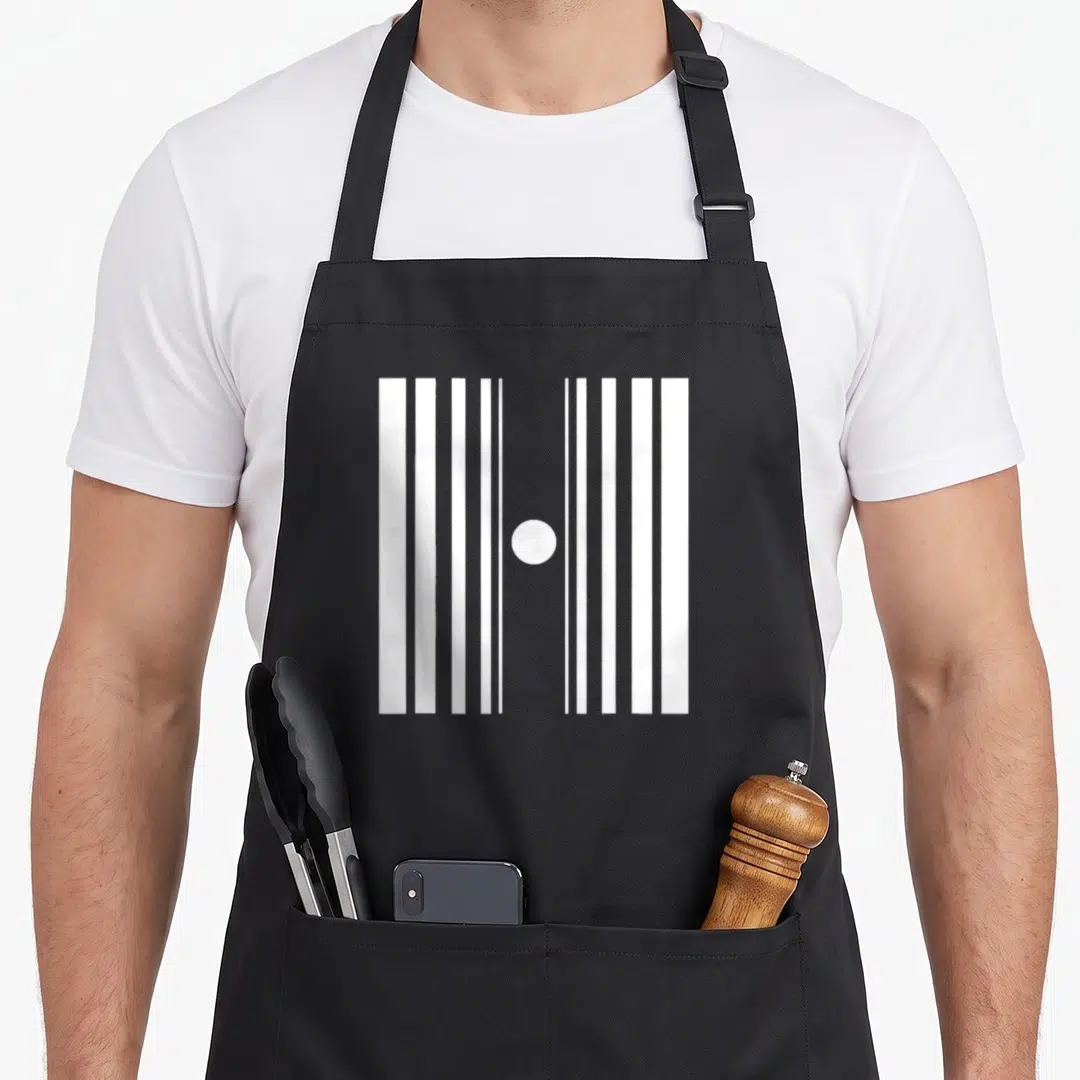 Doppler nerd apron - White barcode pattern with central circle on black background — shown on a black cotton canvas apron against a white background