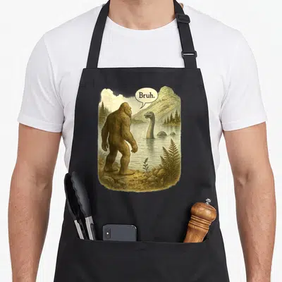 Introvert bigfoot apron - Bigfoot saying Bruh to Loch Ness Monster in vintage earth tones — shown on a black cotton canvas apron against a white background