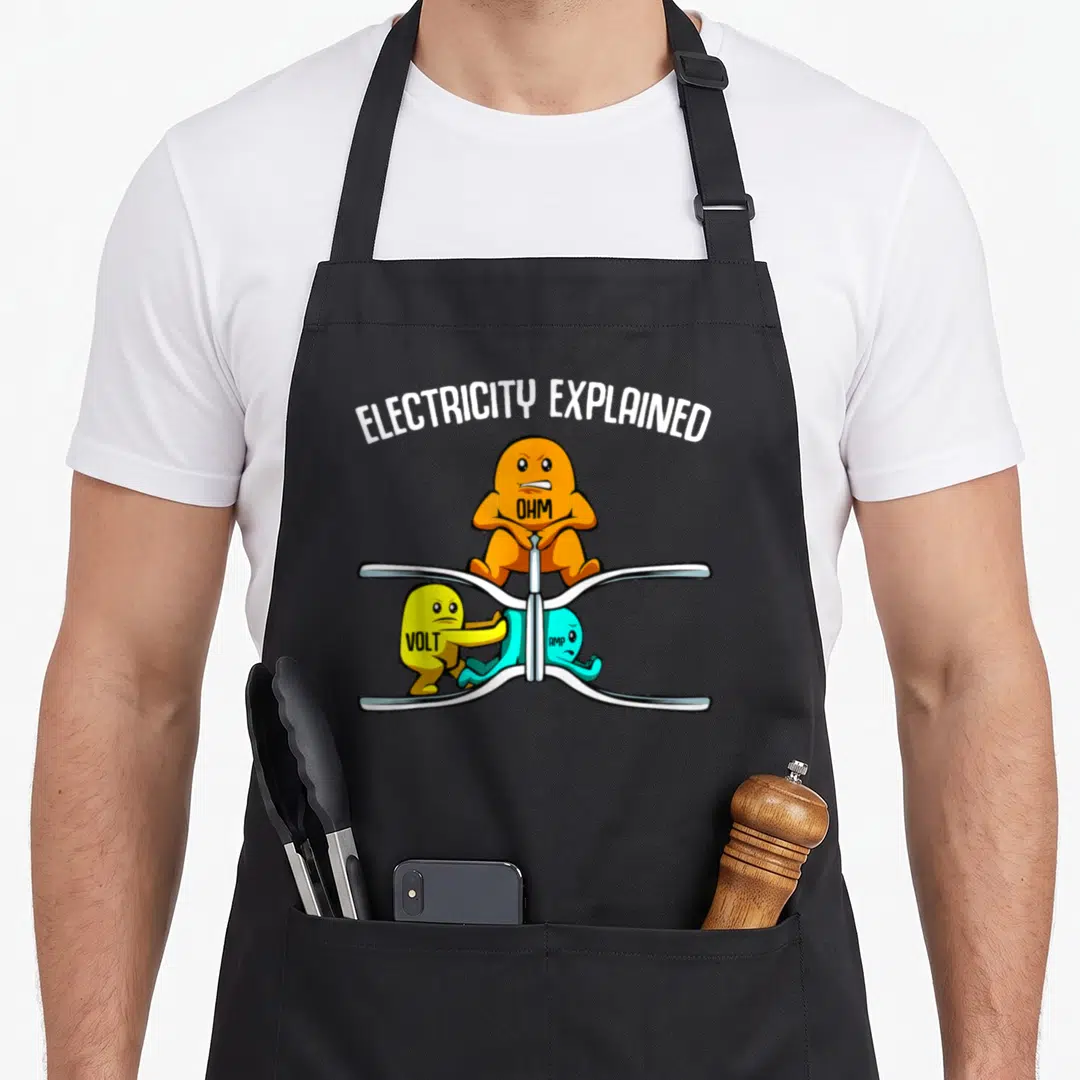 Electricity explained teacher apron - Orange Ohm character squeezes blue Amp on silver wire while yellow Volt pushes — shown on a black cotton canvas apron against a white background